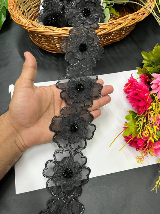 Elegant 3D Flower Lace – Imported Floral Design Trim (9 Meter) | Black
