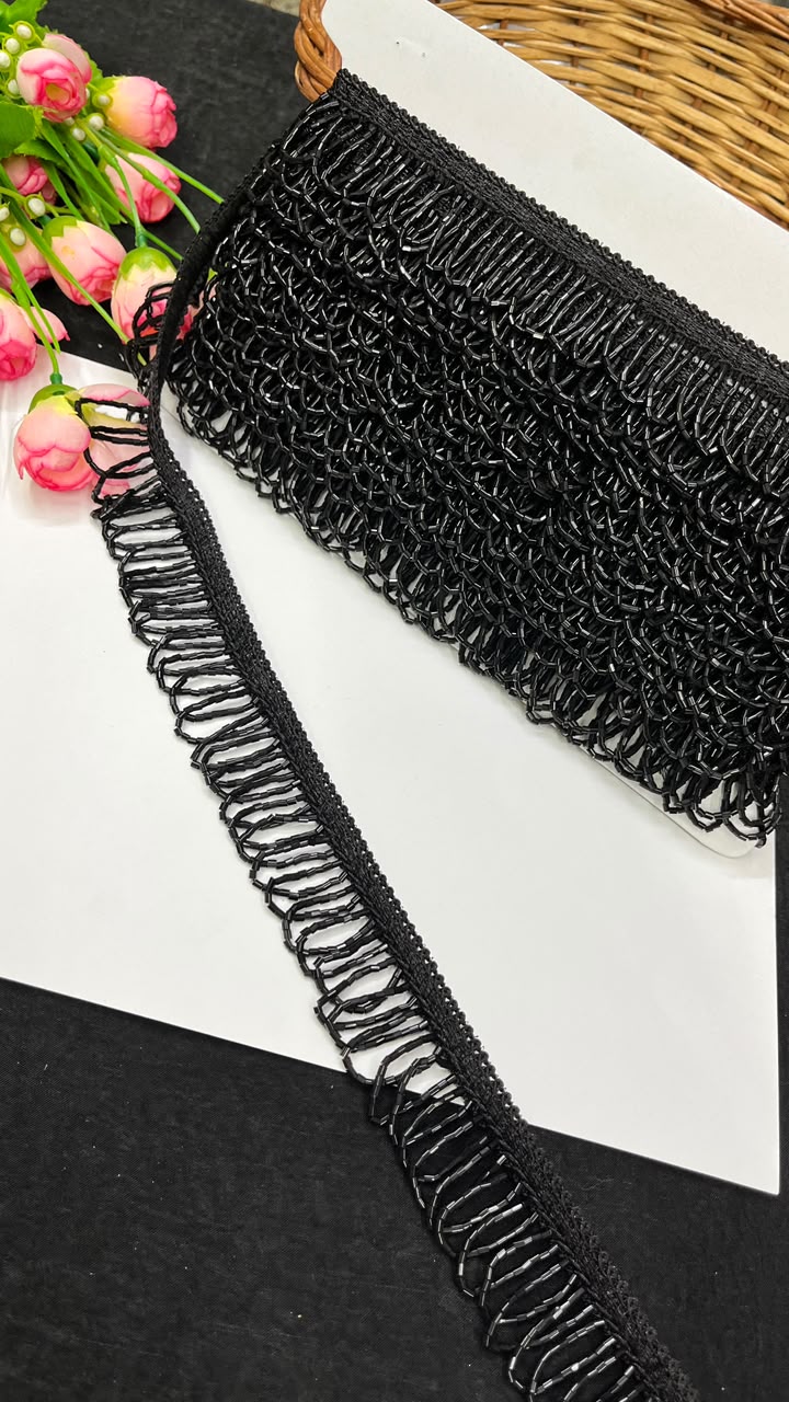 Handmade Cutdana Latkan Lace for Sarees, Lehengas, Dupattas & Blouses – Designer Handcrafted Cutdana Hanging Lace Border (1 Inch) | DC1067 | Black