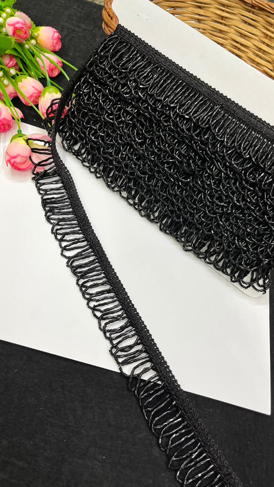 Handmade Cutdana Latkan Lace for Sarees, Lehengas, Dupattas & Blouses – Designer Handcrafted Cutdana Hanging Lace Border (1 Inch) | DC1067 | Black