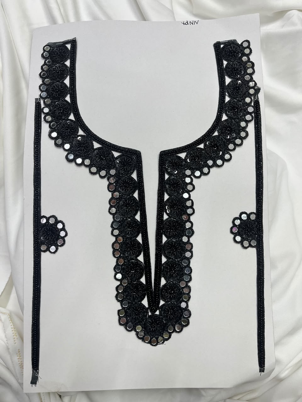 Designer Zardozi Mirror Work Neck Patch for Kurtis, Dresses & Blouses – Premium Handcrafted Embroidered Neckline Applique | DC1006 | Black