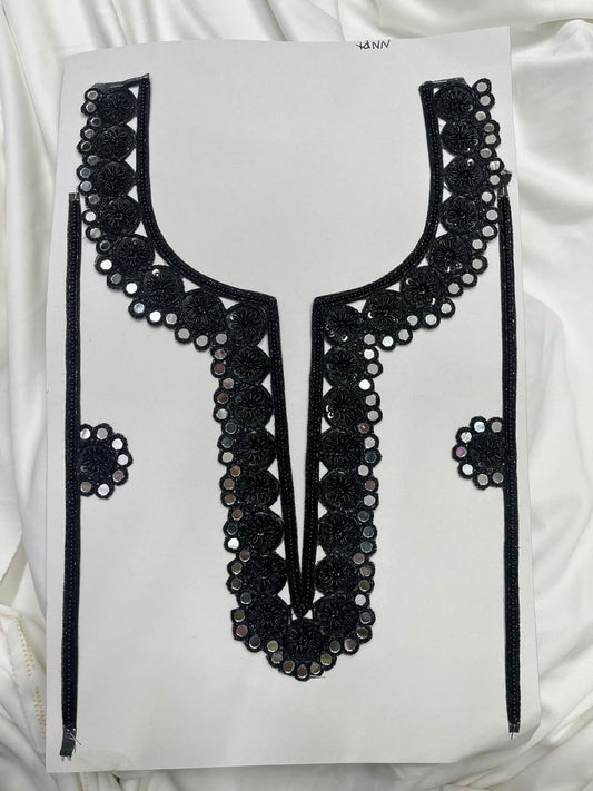 Designer Zardozi Mirror Work Neck Patch for Kurtis, Dresses & Blouses – Premium Handcrafted Embroidered Neckline Applique | DC1006 | Black