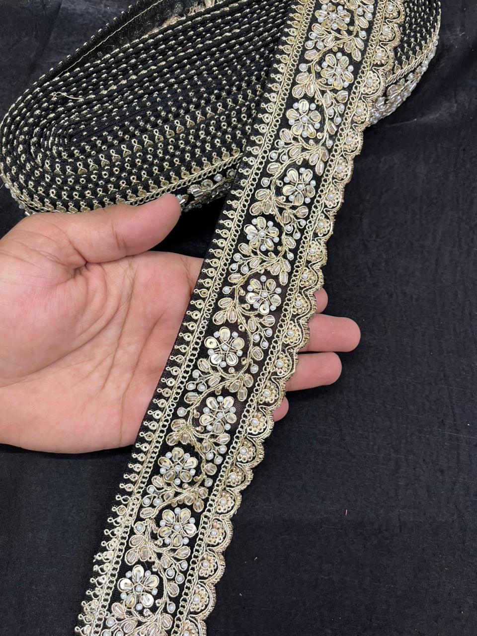 Rich Maggam Work Saree Border Lace for Blouses, Lehengas & Dresses – Designer Handcrafted Embroidered Lace (2.5 Inch) | Black