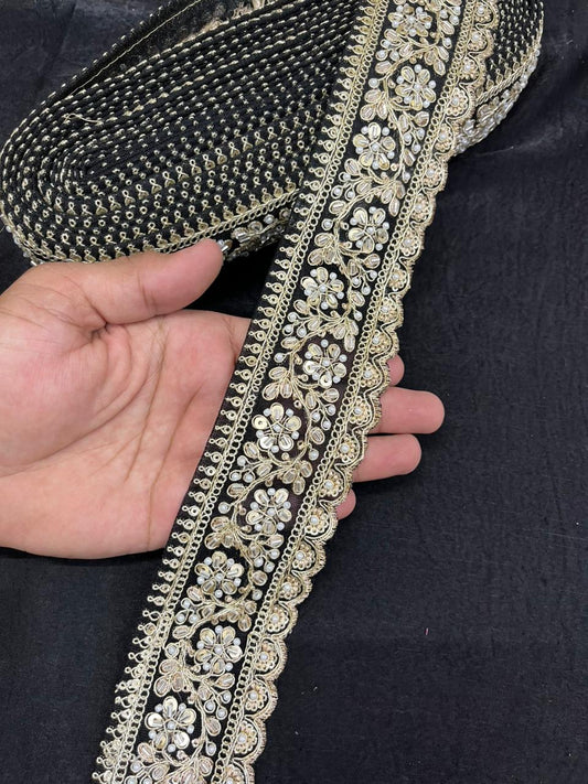 Rich Maggam Work Saree Border Lace for Blouses, Lehengas & Dresses – Designer Handcrafted Embroidered Lace (2.5 Inch) | Black