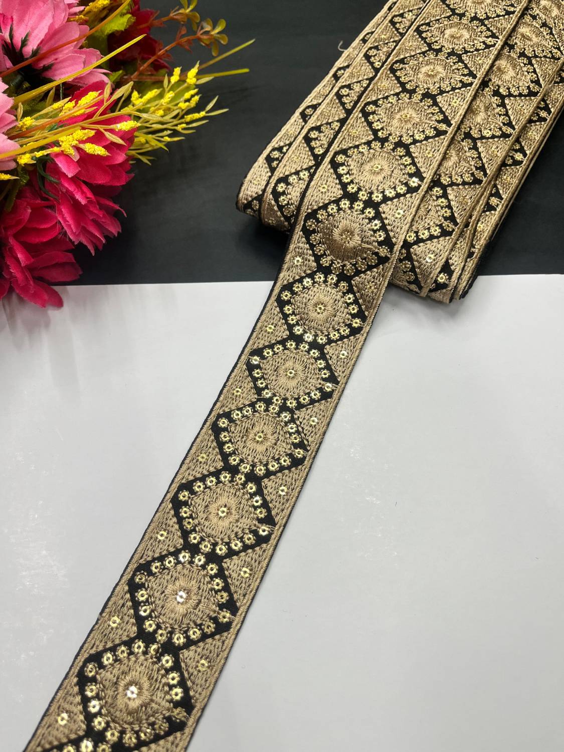 Exclusive Parsi Gara Work Lace & Border – Thread Embroidered Decorative Lace for Sarees, Dupattas, and Dresses (9 mtr, 1.75 inch) | Black