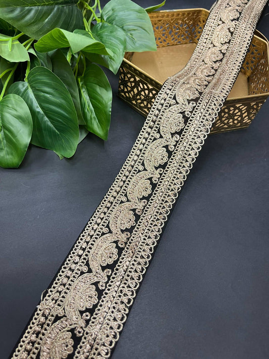 Embroidery Designer Lace on Net Fabric – 9 Meters, 2.5-Inch Width | Black