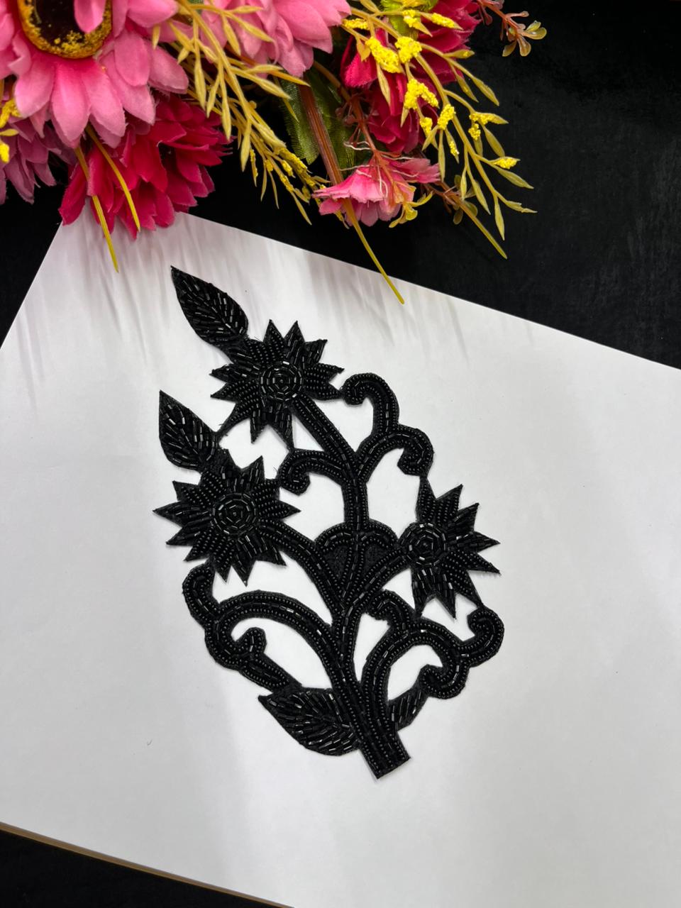 Handcrafted Beaded Cutwork Patch Gold Applique for Sarees, Blouses & Dresses – Designer Embroidered Applique Patch | Black