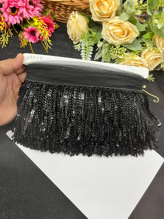 Sequence Fringe Lace | Western Imported Lace | Tassels Lace – Premium Designer Border Trim for Sarees, Lehengas & Gowns (9 Meter, 4 Inch Width) | Black