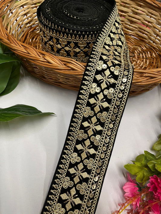 Zari Sequins Embellished Velvet Embroidered Saree Lace | Velvet Fabric Lace Border (9 Mtr) | Black