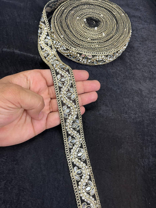 Designer Mirror Work Lace Trim with Rhinestones – Elegant Border for Sarees, Dupattas & Lehengas (9 Meter, 1 Inch Width) | Black