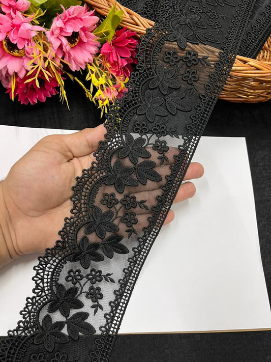 Imported Net Lace Trim for Sarees, Dresses & Kurtis – Designer Wide Net Lace Border (4 Inch) | Black