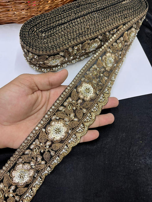 Antique Zari Flower Design Maggam Work Lace for Sarees – Premium Designer Maggam Lace | Black