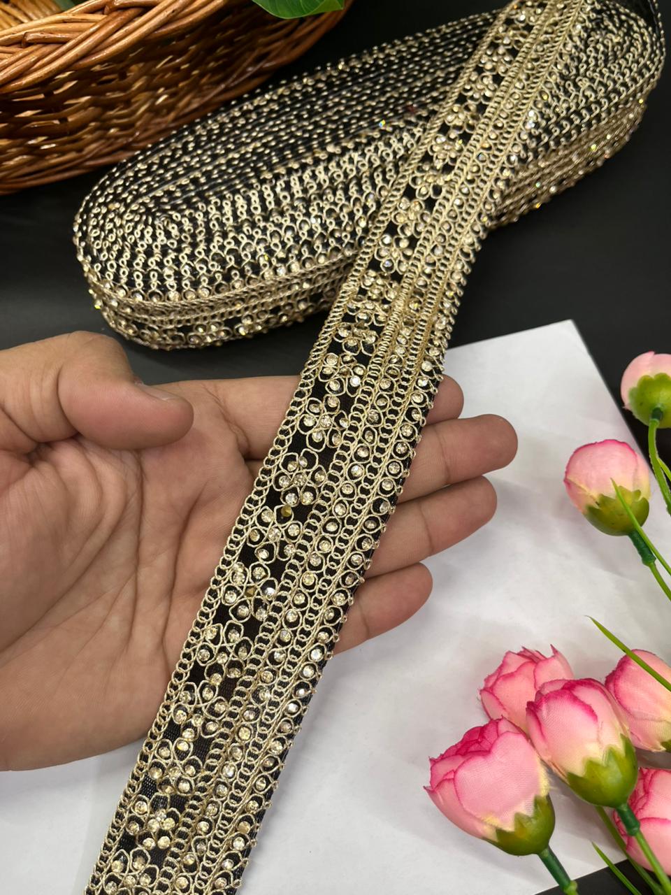 Gorgeous Diamond Work Lace & Borders – Premium Maggam Work Trim for Sarees, Lehengas & Dupattas (9 Meter, 2 Inch Width) | Black