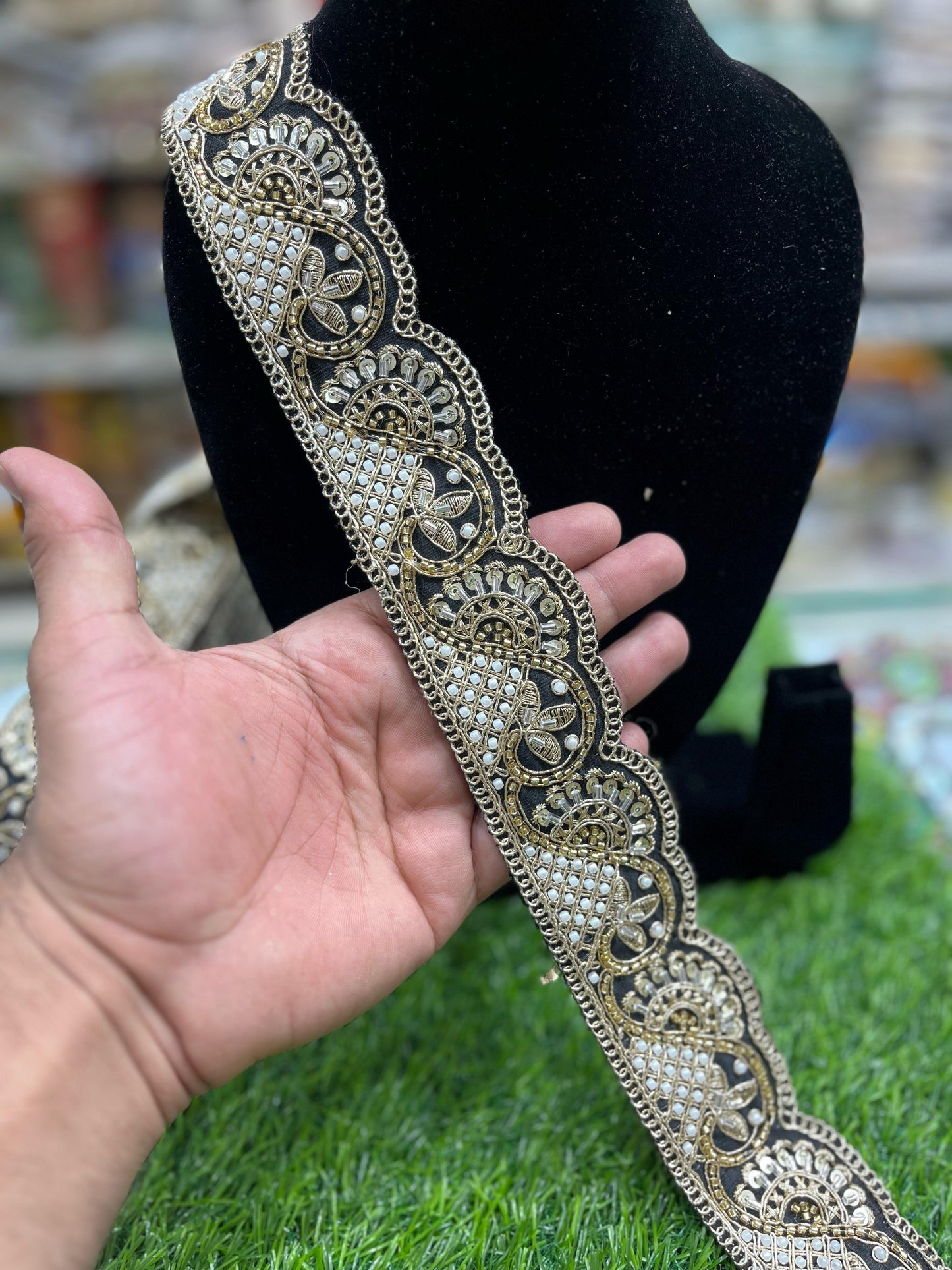 Vibrant Cutdana Beaded Embroidered Lace Border for Sarees and Dupatta – 9 Meters, 2-Inch Width | Black