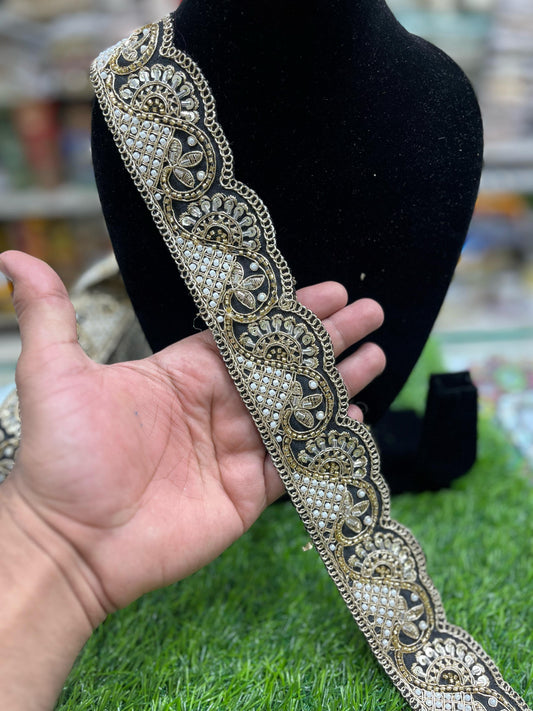 Vibrant Cutdana Beaded Embroidered Lace Border for Sarees and Dupatta – 9 Meters, 2-Inch Width | Black