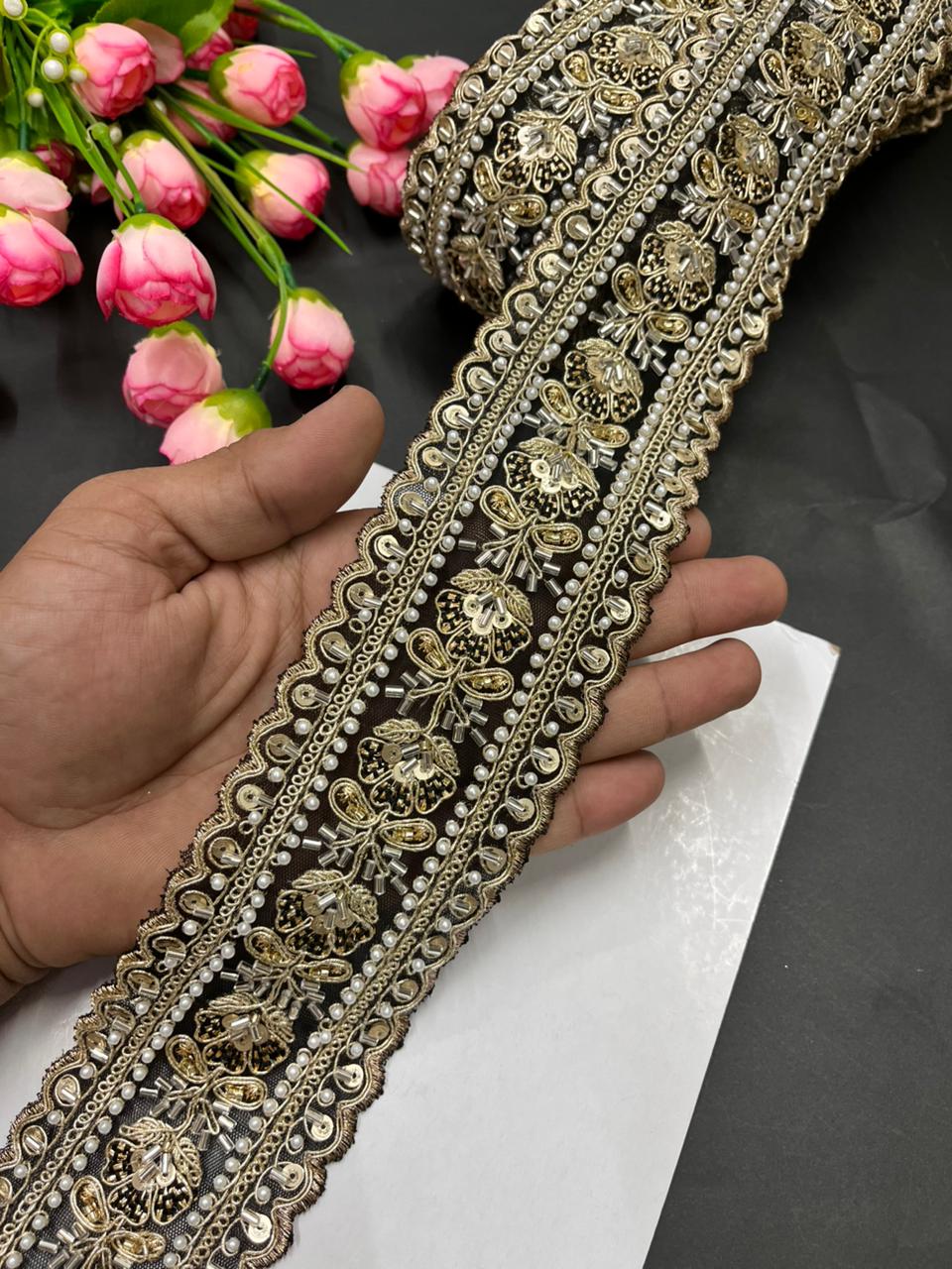 Luxurious Beaded Cutdana Bridal Saree Laces – Heavy Maggam Work Borders for Sarees, Dupattas & Lehengas (9 Meter, 2.5 Inch Width) | Black