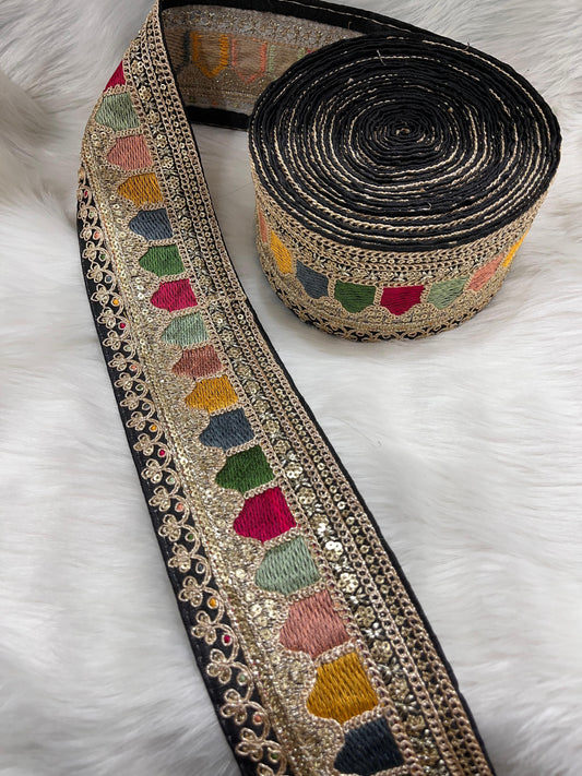 Sabyasachi Inspired Embroidery Lace Borders – 9 Meters, 3-Inch Width, Handcrafted Elegance | Black