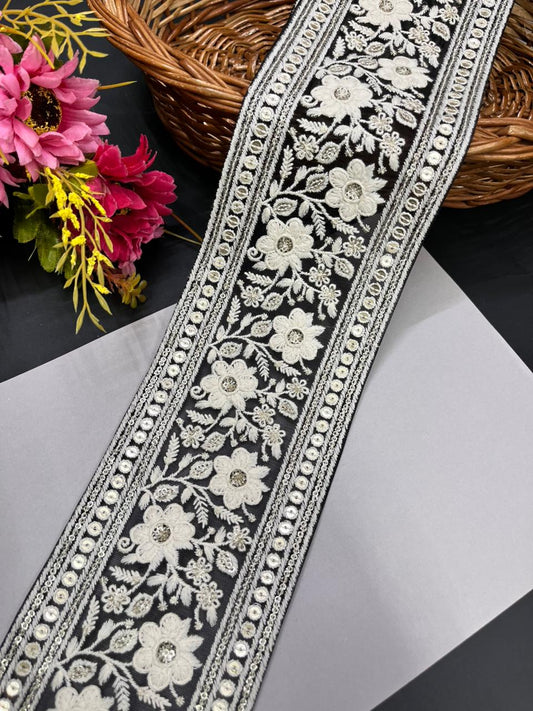 Designer Lucknowi Cotton Lace – Premium 5 Inch Broad Embroidered Border for Sarees, Dupattas, Suits & Dresses (9 Meter) | Black
