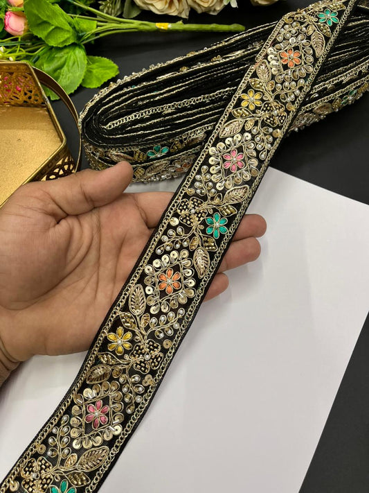 Designer Maggam Work Laces for Sarees – Premium 2 Inch Hand-Embellished Border for Lehengas, Dupattas & Bridal Wear (9 Meter) | Black
