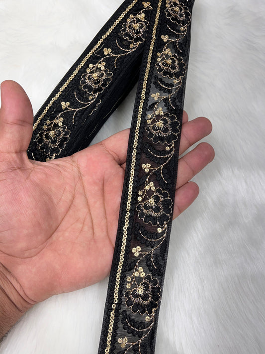 Elegant Saree Lace Border, Dupatta Edging Trim, 9 Meter Embroidered Decorative Fabric Ribbon | Black