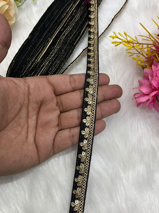 Embroidered Designer Lace, Indian Wedding Trims, Saree Border, Lace Reel 9 Meter (0.5 Inch Width) | Black