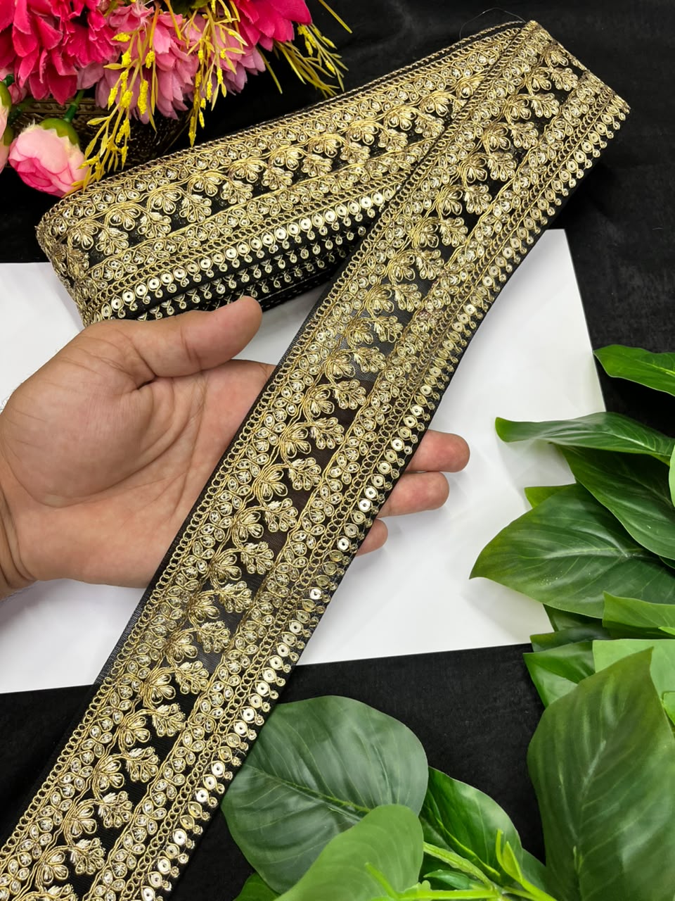 Golden Zari Embroidered Lace for Sarees, Lehengas & Dupattas – Premium Designer Embroidered Lace Border for Boutique Owners & Fashion Designers (3 Inch) | Black