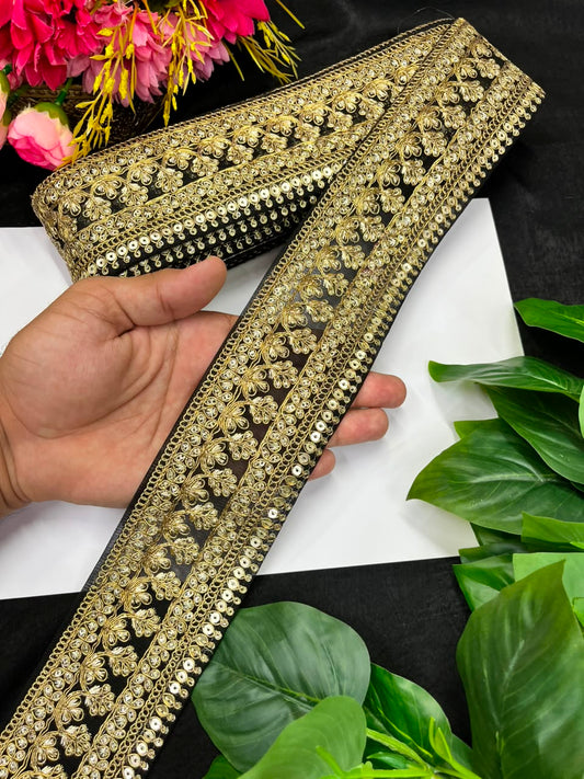 Golden Zari Embroidered Lace for Sarees, Lehengas & Dupattas – Premium Designer Embroidered Lace Border for Boutique Owners & Fashion Designers (3 Inch) | Black