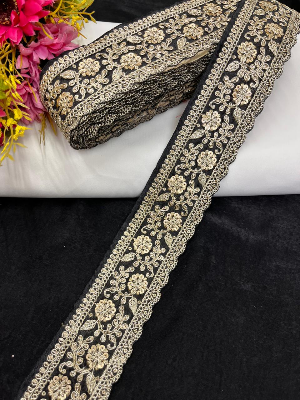 Beautiful Zari Embroidered Lace for Sarees & Lehengas – Designer Ethnic Embroidery Lace Border (2.5 Inch) | Black