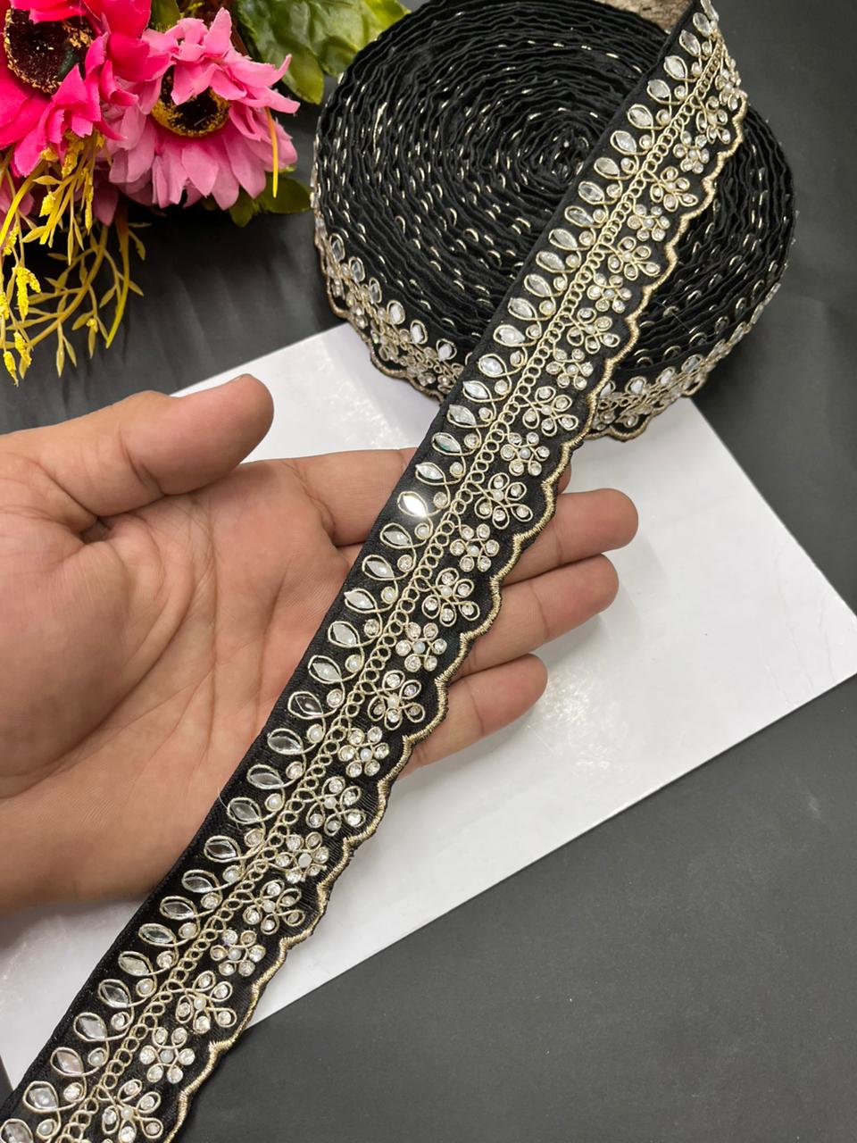 Luxurious Mirror Work with Diamond Laces – Designer Maggam Work Borders for Sarees, Lehengas & Dupattas (9 Meter, 1.5 Inch Width) | Black