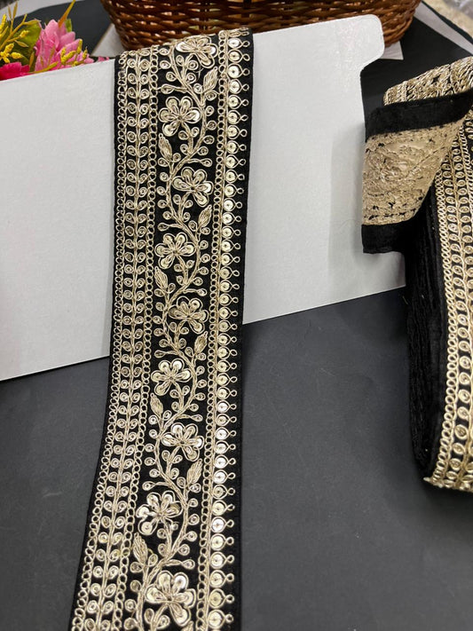 Embroidered Zari Lace Border for Saree, Lehenga & Craft Projects – Heavy 3 Inch Designer Embroidery Lace for Ethnic Wear (9 Meter) | Black