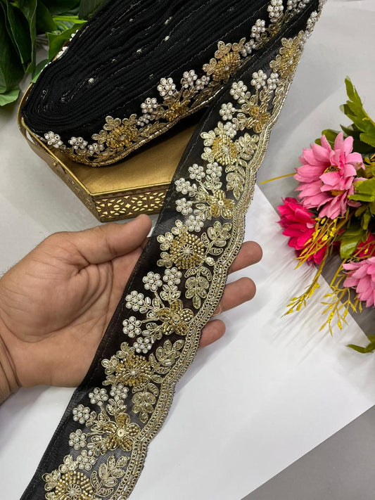 Luxurious Beaded Cutdana Bridal Dupatta Lace | Maggam Saree Laces – Designer Embellished Border (9 Meter, 2.5 Inch Width) | Black