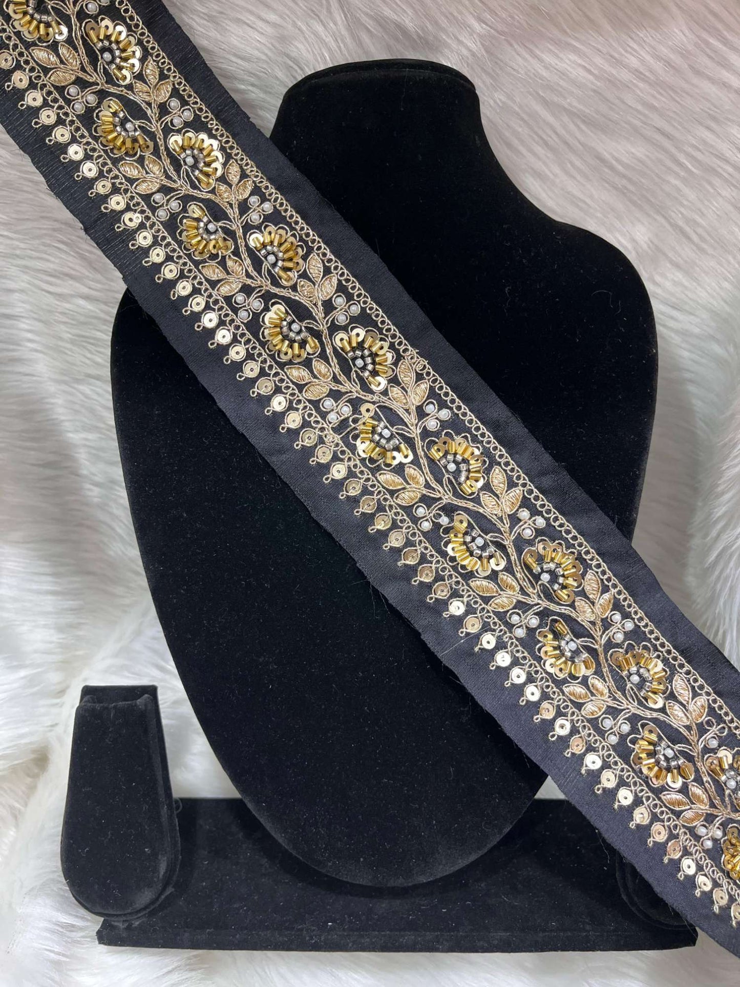 Exclusive Beaded Embroidered Lace – 9 Meters, 2-Inch Maggam Work Border Trim for Sarees & Lehengas | Black