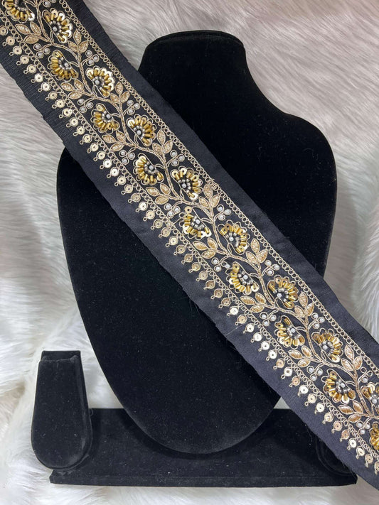 Exclusive Beaded Embroidered Lace – 9 Meters, 2-Inch Maggam Work Border Trim for Sarees & Lehengas | Black
