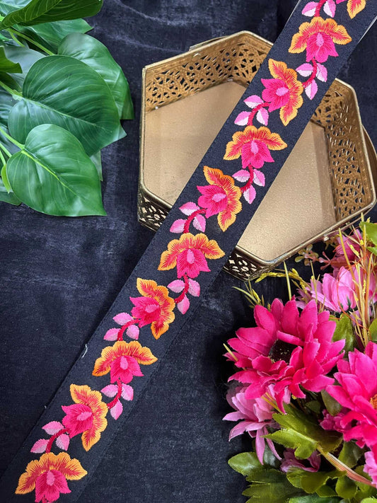 Floral Embroidered Trim | Thread Embroidery Parsi Lace – 9 Meters, 2-Inch Decorative Border for Sarees, Lehengas & Dupattas | Black & Yellow