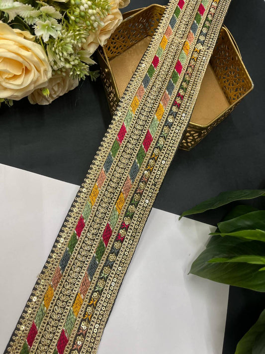 Sabyasachi Inspired Embroidery Lace – 9 Meters, 3-Inch Width | Black