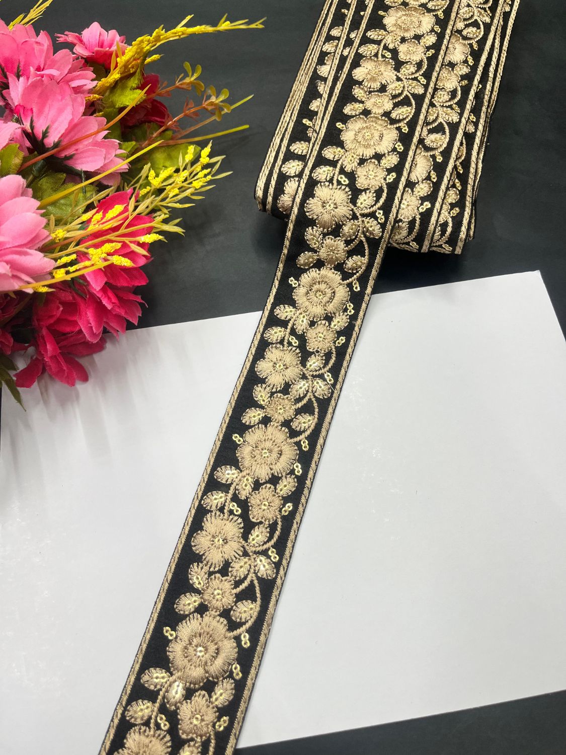Exclusive Parsi Gara Work Lace & Border – Thread Embroidered Decorative Lace for Sarees, Dupattas, and Dresses (9 mtr, 1.75 inch) | Black