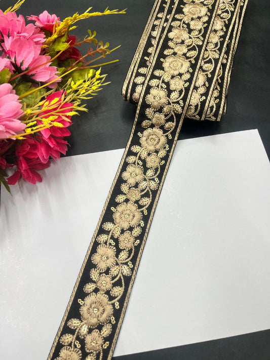 Exclusive Parsi Gara Work Lace & Border – Thread Embroidered Decorative Lace for Sarees, Dupattas, and Dresses (9 mtr, 1.75 inch) | Black