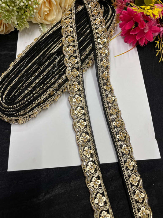 Handcrafted Katdana Saree Laces – 9 Meters, 1-Inch Maggam Work Embellished Border for Sarees, Lehengas & Dupattas | Black