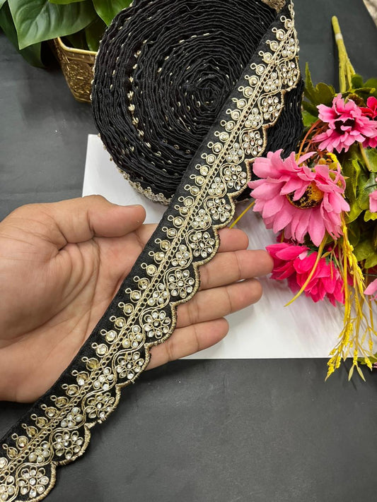 Scalloped Stonework Designer Laces – Elegant Embroidered Border Trim for Sarees, Dupattas & Lehengas (9 Meter, 1.5 Inch Width) | Black