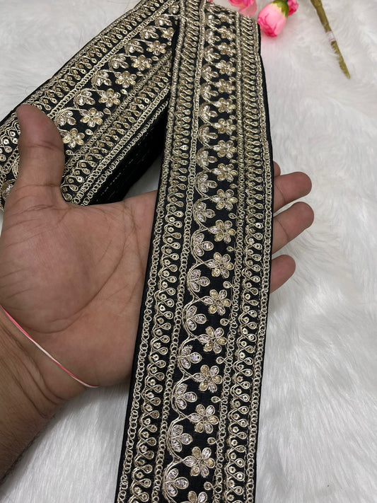 Elegant Embroidered Designer Lace Border – 9 Meter Roll, 2.5 Inch Wide for Sarees, Dresses, and Crafts | Black