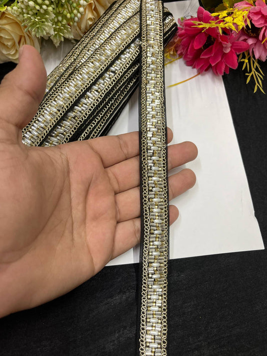 Delicate Pearl Work Designer Saree Laces – 9 Meters, 1-Inch Maggam Work Border for Sarees, Lehengas & Dupattas | Black