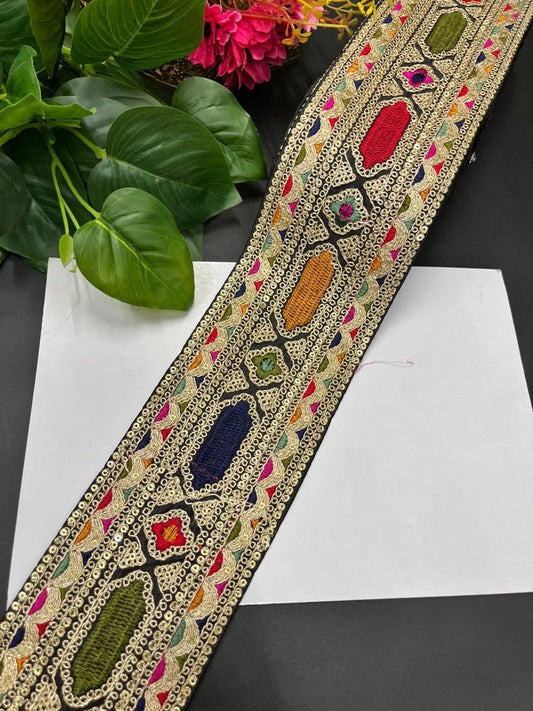 Designer Sabyasachi Laces & Borders – Premium Embroidered Lace Trim for Sarees, Lehengas & Dupattas (9 Meter, 3.5 Inch Width) | Black