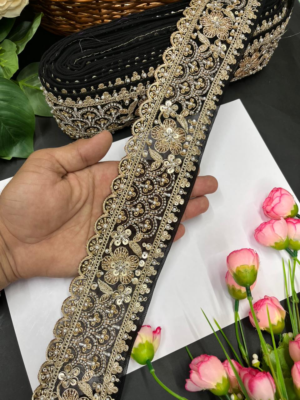 Exclusive Flower Embroidered Saree Lace Design – Premium Maggam Work Lace Border for Ethnic Wear | Black