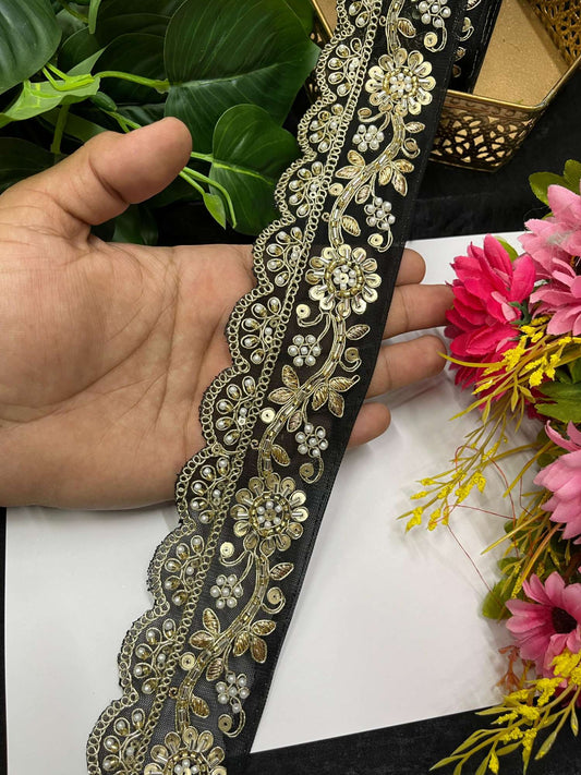 Gorgeous Embroidered Pearl & Cutdana Designer Lace – 9 Meters, 2.5-Inch Maggam Work Border for Sarees & Lehengas | Black