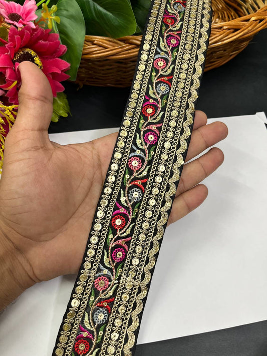Sabyasachi Inspired Embroidery Lace Border for Sarees & Lehengas (9 Meter) – 2 Inch Width | Black