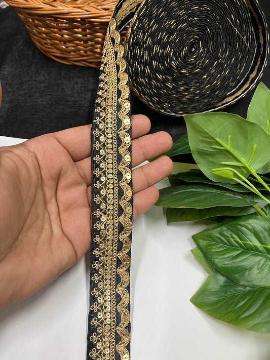 Gold Embroidered Saree Laces for Sarees, Kurtis, Dupattas, Dresses & Lehengas – 9 Meters, 1.25-Inch Decorative Border | Black