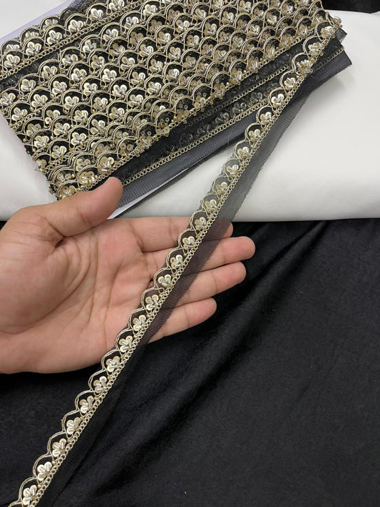Scalloped Cutdana Work Lace for Sarees & Dupattas – Designer Maggam Work Lace Border (Half Inch) | Black