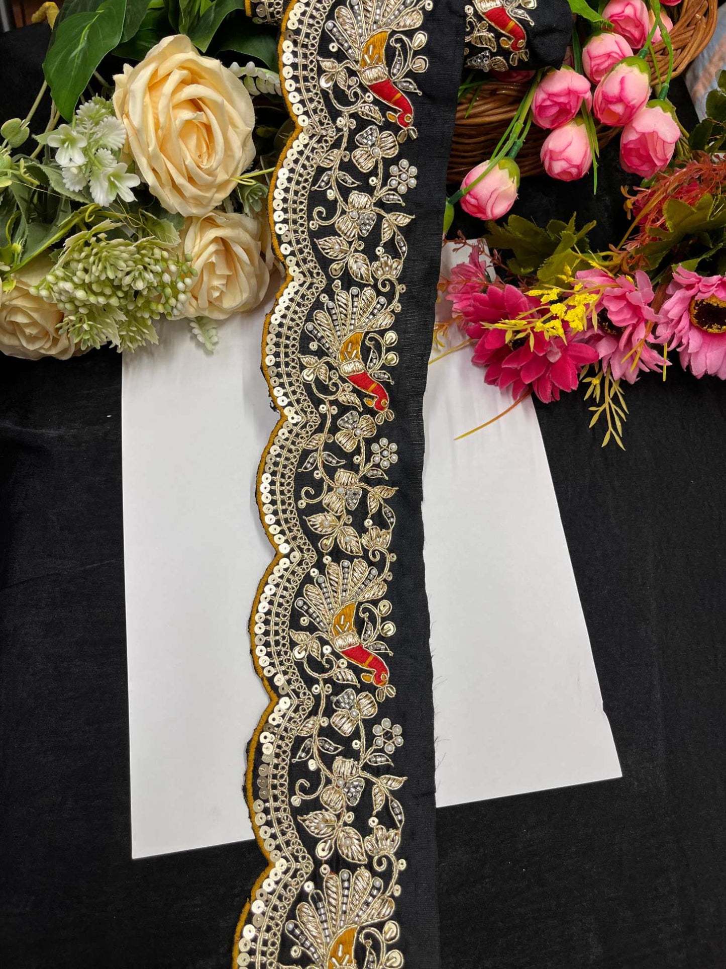 Exclusive Peacock Face Maggam Work Saree Laces – 9 Meters, 3-Inch Embroidered Border for Sarees, Lehengas & Dupattas | Black