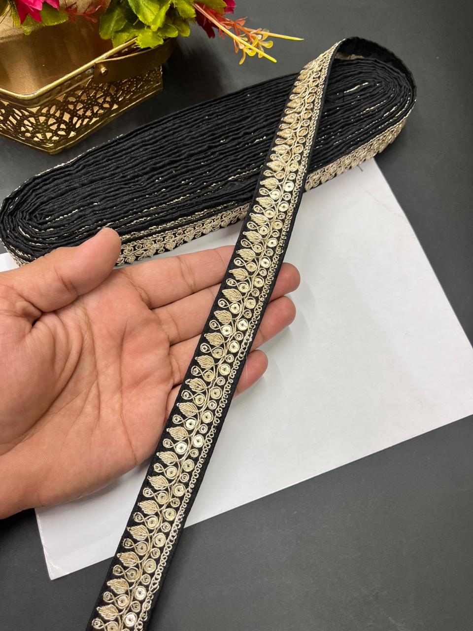 Zari Embroidered Silk Lace – Premium Designer Border for Sarees, Lehengas & Dupattas (9 Meter, 1 Inch Width) | Black