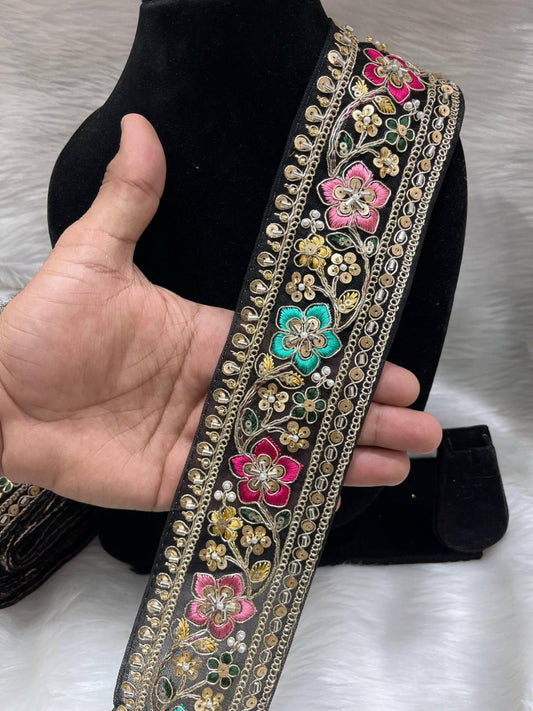 Embroidered Beaded Sequins Lace Borders on Net Fabric – 9 Meters, 2.5-Inch Maggam Work Trim for Sarees & Lehengas | Black