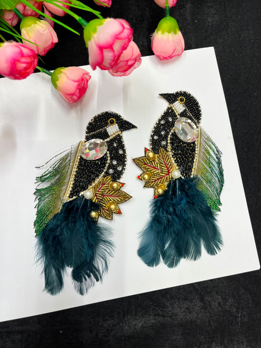 Handcrafted Feather Bird Patches for Sarees, Lehengas, Blouses & Dresses – Designer Bird Applique Set of 2 | DC1045 | Black